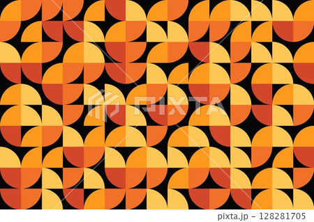 Arrangement of quarter circle pieces in red, orange and yellow colors on black background. Abstract geometric pattern background. Arrangement of quarter circle pieces in red, orange and yellow colors on black background. Abstract geometric pattern background. 128281705