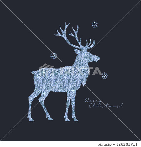 Greeting card foe Christmas with silver deer silhouette decoration element with glittering texture. Vintage minimalistic vector illustration. 128281711