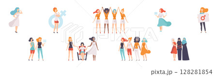 Gender Equality in Society with Woman Character Fight Against Discriminations Vector Set Gender Equality in Society with Woman Character Fight Against Discriminations Vector Set 128281854