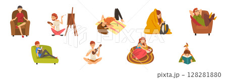 Man and Woman Character Resting and Relaxing at Home on Weekend Vector Set 128281880