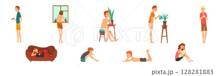 Man and Woman Character Resting and Relaxing at Home on Weekend Vector Set Man and Woman Character Resting and Relaxing at Home on Weekend Vector Set 128281883