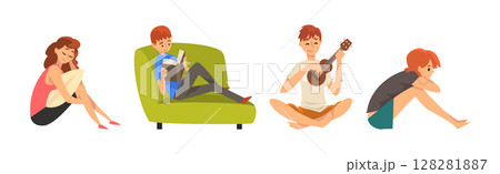Man and Woman Character Resting and Relaxing at Home on Weekend Vector Set 128281887