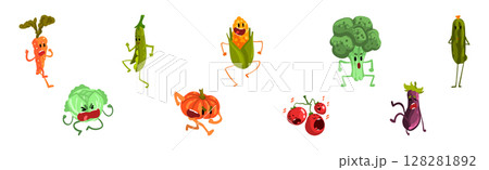 Funny Vegetable Character with Face and Arms Vector Set 128281892