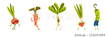 Funny Vegetable Character with Face and Arms Vector Set 128281904