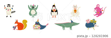 Animal Character at Birthday Party Celebrate Holiday Vector Set 128281906