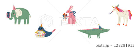 Animal Character at Birthday Party Celebrate Holiday Vector Set 128281913
