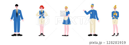 Hotel Staff Man and Woman Character in Blue Uniform Vector Set Hotel Staff Man and Woman Character in Blue Uniform Vector Set 128281919