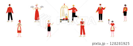 Hotel Staff Man and Woman Character in Red Uniform Vector Set Hotel Staff Man and Woman Character in Red Uniform Vector Set 128281925