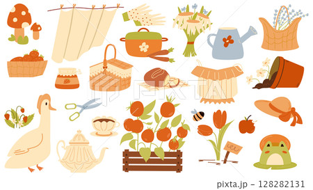 Rustic cottagecore elements. Cottage garden illustration. 128282131