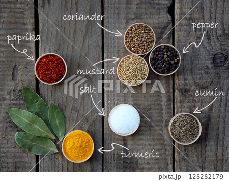 spices on a wooden background. Coriander, black pepper, paprika, mustard, turmeric, cumin. Mix for barbecue. spices on a wooden background. Coriander, black pepper, paprika, mustard, turmeric, cumin. Mix for barbecue. 128282179