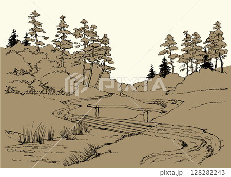 Vector landscape. A dirt road in the forest Vector landscape. A dirt road in the forest 128282243