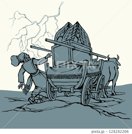 Vector drawing. The ark of the covenant being transported on a wooden cart pulled by two oxens 128282266