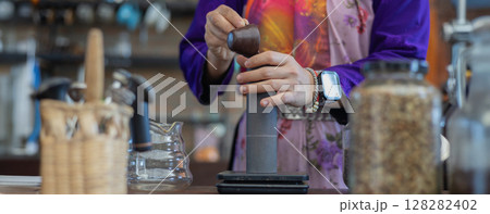 Process drip coffee, Barista start chose coffee bean and Roasting.  128282402
