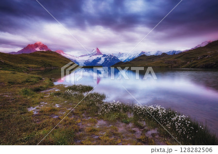 Great view of Mt. Schreckhorn and Wetterhorn above Bachalpsee lake. Grindelwald, Switzerland. Europe. Great view of Mt. Schreckhorn and Wetterhorn above Bachalpsee lake. Grindelwald, Switzerland. Europe. 128282506