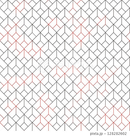 Seamless geometric pattern featuring interconnected cubes and diamond shapes with black and red thin lines on white background, creating a modern, minimalistic design Seamless geometric pattern featuring interconnected cubes and diamond shapes with black and red thin lines on white background, creating a modern, minimalistic design 128282602