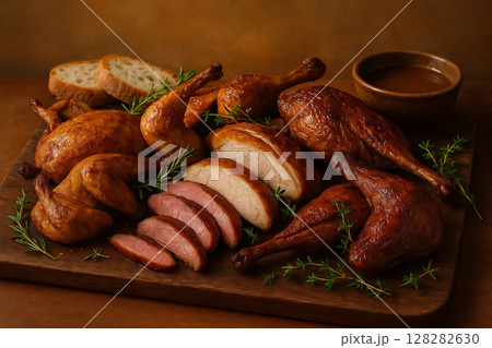 Roasted Duck and Chicken Platter with Bread and Gravy 128282630