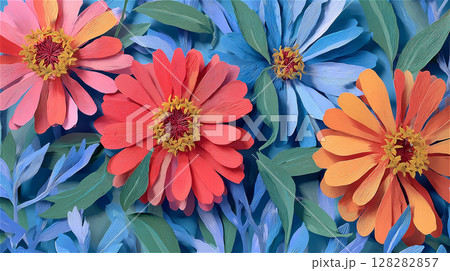 カラフルな紙の層が重なり合う、元気で楽しい印象の抽象デザイン 128282857