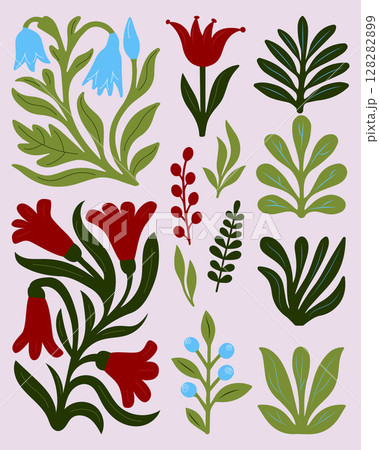 Collection of flat botanical illustrations with red blue flowers and green leaves in hand drawn style on soft background Collection of flat botanical illustrations with red blue flowers and green leaves in hand drawn style on soft background 128282899