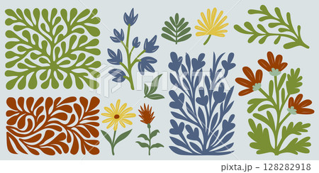Set of stylized floral decorative elements with leaves and flowers in green yellow and purple Set of stylized floral decorative elements with leaves and flowers in green yellow and purple 128282918