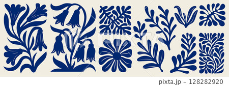 Collection of stylized blue floral and leaf elements with botanical decorative shapes in flat design Collection of stylized blue floral and leaf elements with botanical decorative shapes in flat design 128282920