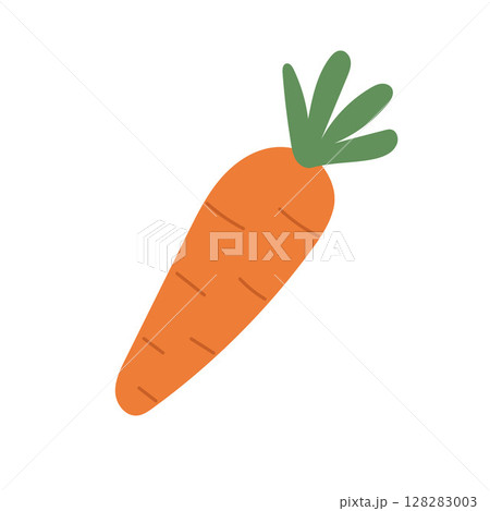 Bright orange carrot with green top in flat cartoon style, great for healthy food illustrations, kids farming content, or organic vegetable icons Bright orange carrot with green top in flat cartoon style, great for healthy food illustrations, kids farming content, or organic vegetable icons 128283003