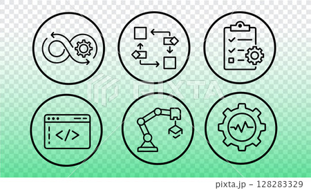 DevOps workflow icons set. Development operations process automation cycle. Technology software engineering release pipeline testing management. Outline style green background vector 128283329