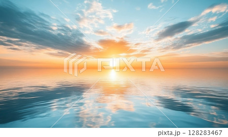A Serene and Absolutely Breathtaking Sunset Over the Calm Ocean Waves Set Against a Colorful Evening Sky 128283467