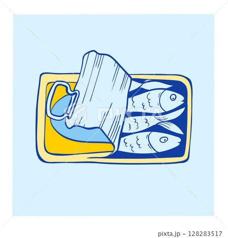 Vector postcard with sardines in tin packaging and can opener. Funny marine concept. Great for seafood branding, kitchen decor, or nautical gift cards. Hand-drawn doodle graphic style. 128283517