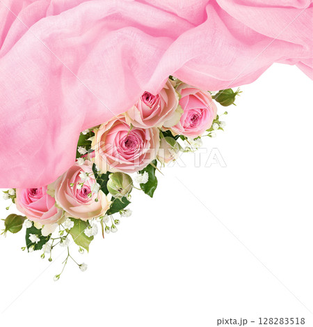 Pink draped fabric and rose flowers isolated on white background 128283518