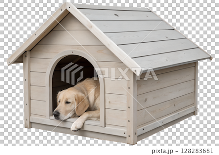 Dog relaxing inside wooden dog house with gable roof, cozy pet shelter, canine resting spot, outdoor pet house 128283681
