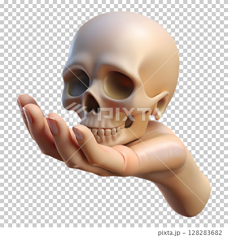 3d cartoon human skull held in hand isolated on transparent background, anatomy education concept 3d cartoon human skull held in hand isolated on transparent background, anatomy education concept 128283682