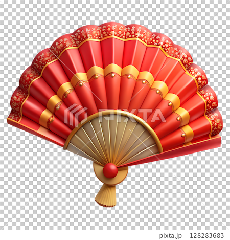 3d elegant red folding fan with gold accents, asian-inspired design, isolated on transparent background, traditional accessory, decorative fan 128283683