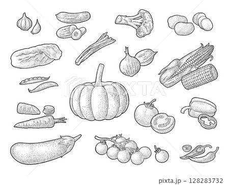 Set vegetables. Cucumbers, Garlic, Corn, Pepper, Broccoli, Potato and Tomato. 128283732