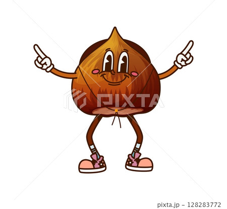 Cartoon groovy hazelnut nut and seed cowboy and bandit character wearing retro cowpuncher hat standing with pointing finger gesture and friendly smile. Isolated vector healthy snack food y2k personage Cartoon groovy hazelnut nut and seed cowboy and bandit character wearing retro cowpuncher hat standing with pointing finger gesture and friendly smile. Isolated vector healthy snack food y2k personage 128283772