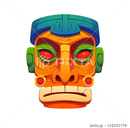 Aztec Inca Maya Mexican game icon asset. Cartoon vector tribal mask with the colorful geometric features and red eyes, representing cultural heritage and indigenous symbolism in Ancient Mayan culture 128283779