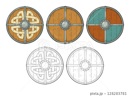 Set wood round shields with viking runes, iron border. Engraving 128283781