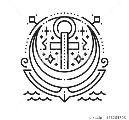 Pirate ship anchor esoteric line symbol. Pirate tarot linear vector sign, filibuster sailing sacred lineart symbol. Buccaneer marine esoteric thin line print or tattoo with anchor and crescent 128283798
