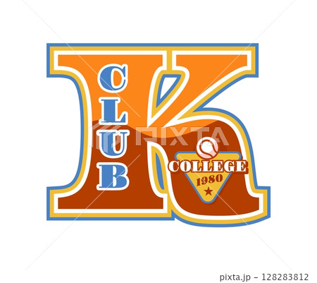 Varsity sport patch label as bold letter K, vintage badge for baseball club, featuring text college 1980. Vector in retro style athletic label or jersey print for sporty academic themes or tournaments 128283812