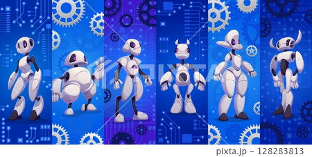 Cartoon futuristic robot and droid characters collage. Vector mechanical backgrounds showing gears and circuits, advanced technology and innovative robotics, artificial intelligence cyber machines Cartoon futuristic robot and droid characters collage. Vector mechanical backgrounds showing gears and circuits, advanced technology and innovative robotics, artificial intelligence cyber machines 128283813