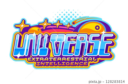 Space universe extraterrestrial intelligence retro Y2K icon or emblem. Galaxy outerspace vintage vector sign or Y2K icon. Universe research emblem with comets, falling stars, futuristic typography Space universe extraterrestrial intelligence retro Y2K icon or emblem. Galaxy outerspace vintage vector sign or Y2K icon. Universe research emblem with comets, falling stars, futuristic typography 128283814