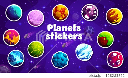 Fantasy alien galaxy space planets sticker pack. Cartoon vector patches set of vibrant cosmic spheres against a starry purple sky background. Surreal celestial bodies with colorful surface in Universe 128283822