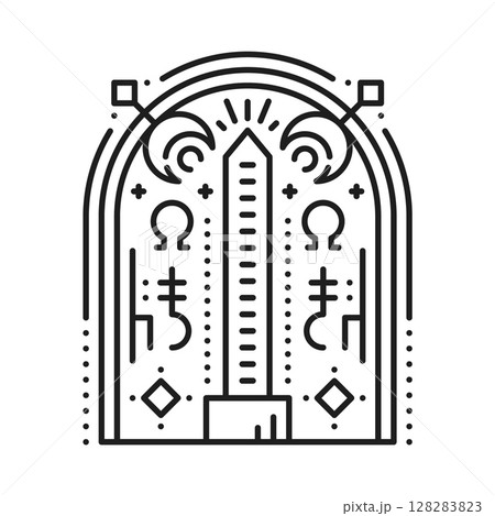 Egyptian obelisk monument esoteric line tattoo or symbol. Africa civilization sacred thin line vector tattoo, ancient history esoteric sign. Egypt culture boho print with ancient architecture monument 128283823