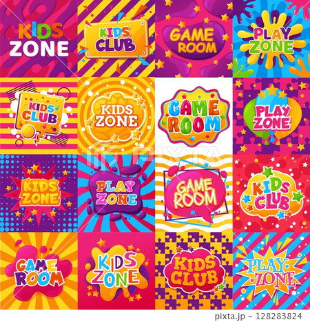 Kids zone banners, game room, play area vector set. Colorful cartoon design elements half tone, speech bubbles, stars and splashes with abstract waves, puzzle pieces and lines. Baby center, playground 128283824