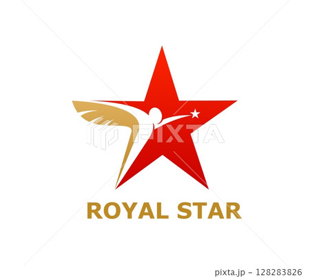 Gold star icon, Modern emblem featuring a red star with a golden winged figure reaching toward a smaller star. Vector label for symbolizing excellence, ambition, and prestige, luxury or leadership 128283826