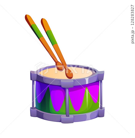 Cartoon drum for Brazil carnival party celebration. Isolated vector percussion instrument in bright green and purple colors, accompanied by a pair of drumsticks, representing music, rhythm and parades 128283827