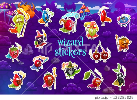 Cartoon Halloween mage and wizard berry characters stickers pack. Grape, strawberry, blueberry fairytale sorcerer and cherry, blackberry, honeyberry, gooseberry wizards vector funny personage stickers 128283829