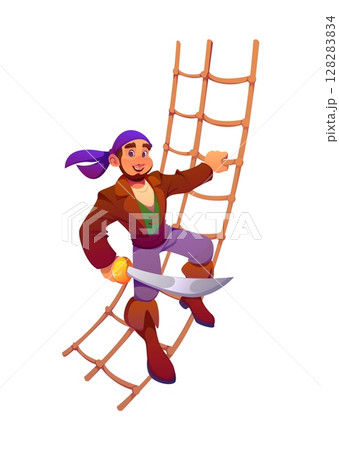 Cartoon pirate ship crew character climbs a rope ladder with a cutlass in hand, wearing a purple bandana and classic swashbuckler attire. Playful vector personage for adventure games or children book 128283834