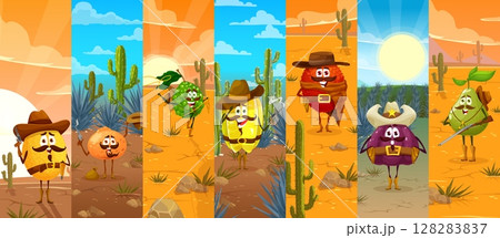 Collage of cowboy, sheriff and bandit fruit characters. Wild West bandit tropical fruits cute vector personages. Melon, bergamot orange, carambola, lychee and fig Western cowboy in desert landscape 128283837