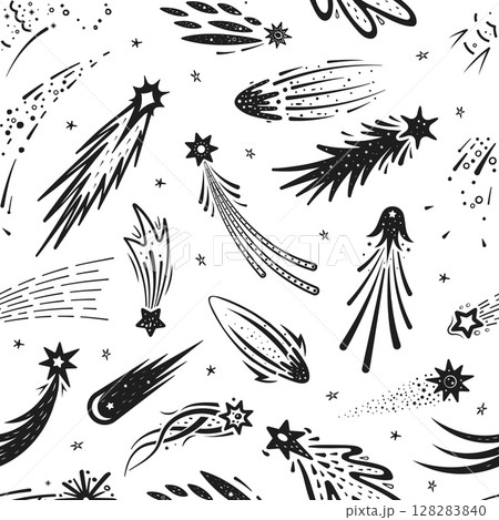 Doodle space shooting stars seamless pattern. Fabric or textile seamless vector background with repeated details. Wrapping paper pattern with shooting and falling stars, space comets or galaxy meteors 128283840