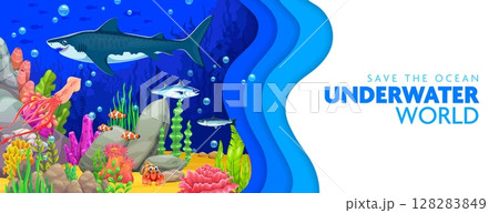 Paper cut save the ocean banner with shark, fish shoal and underwater landscape. Ocean ecosystem and ecology protection 3d vector poster paper cut banner with underwater animals, seaweeds and corals Paper cut save the ocean banner with shark, fish shoal and underwater landscape. Ocean ecosystem and ecology protection 3d vector poster paper cut banner with underwater animals, seaweeds and corals 128283849